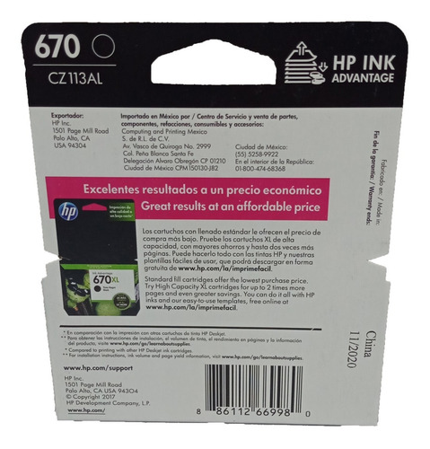 Cartucho Hp 670 Negro Original Cz113al Vigente Verificable