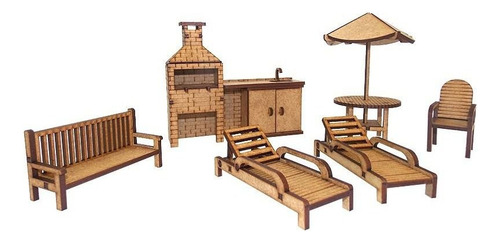 Kit Miniatura Área De Piscina Com 6 Peças Mdf Churrasqueira
