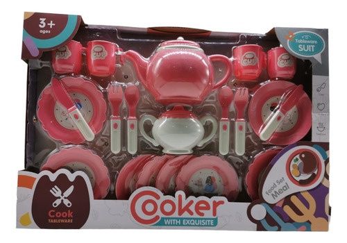 Vajilla Plato Tetera Cubiertos Pocillos Cocina Kit Juguete Color Rosa