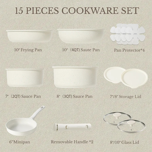 Bateria Cocina Antiadherente Carote 15 Pzas Extraible Mango Blanco