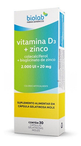 Vitamina D3 2.000 Ui + Zinco 20mg 30 Cápsulas Biolab