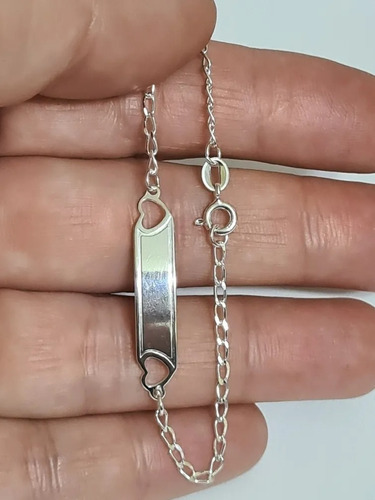 Imagem 2 de 7 de Pulseira Chapa Infantil Corações Prata 925 Gravação Nome