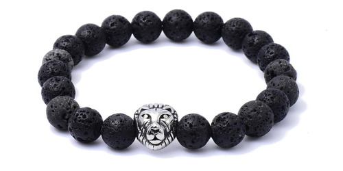 Imagen 2 de 3 de Brazalete De Piedra Volcanica 1cabeza De Leon De Acero