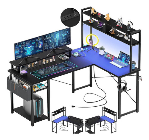Plegable Escritorio Con Luces Led Y Enchufes En L Para Juego