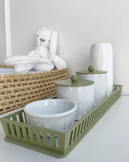 Kit Higiene Bebê Moderno Porcelana Bandeja Mdf Térmica Banho