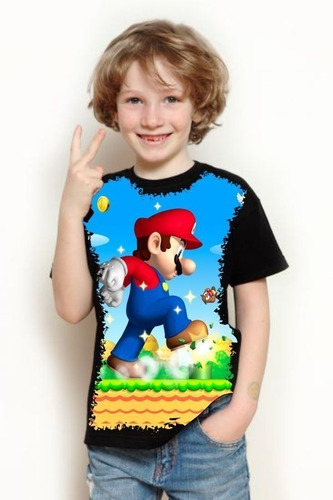 Camiseta Infantil Unissex Preta Estampa Super Mario Bros