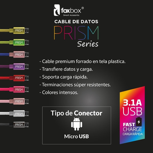 Cable Foxbox Carga Rápida Prism 1.25 Mts Reforzado Micro Usb Color Verde