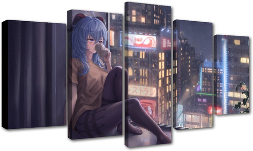 5 Cuadros Canvas Ganyu Genshin Impact Lluvia Diseño Gamer
