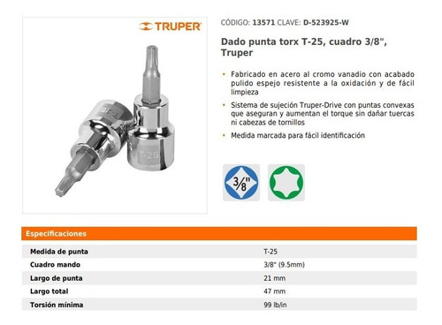 Dado Truper De Punta Torx T-25 Cuadro 3/8 13571