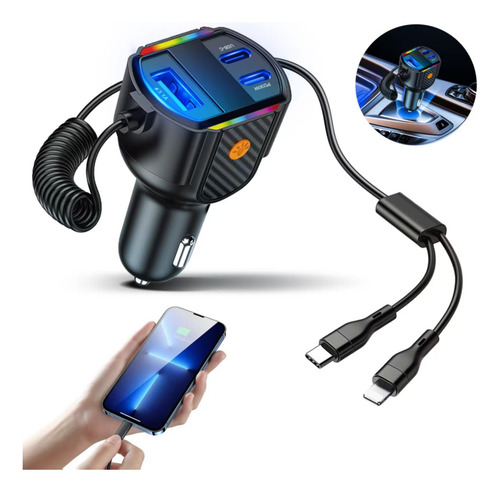 Cargador Para Auto, Cargador Usb C 5 En 1 De Carga Rápida Negro