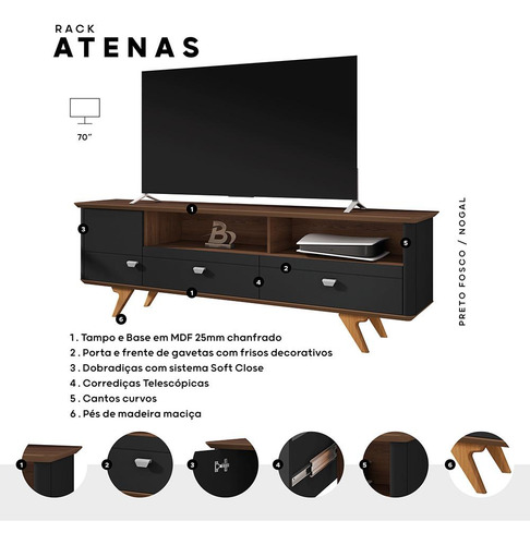 Rack Atenas Para Tv Até 70 Polegadas Pés Em Madeira Maciça