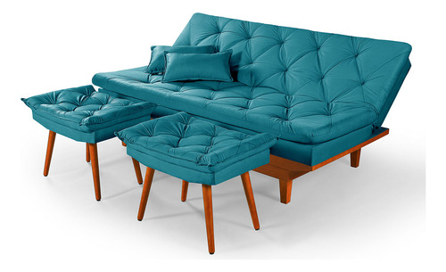 Sofá reclinável Essencial Estofados Caribe de 3 lugares cor azul-turquesa de suede e cor dos pés marrom de madeira