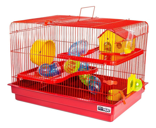 Gaiola De Hamster Com Casa Média Completa 2 Andares Tubo Cor Vermelho