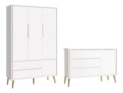 Jogo De Quarto Bebê Théo Retrô Branco Natural 3 Portas