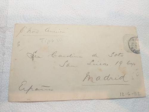 Argentina Entero Postal 1892 Bs. As. A Madrid 12 Cent