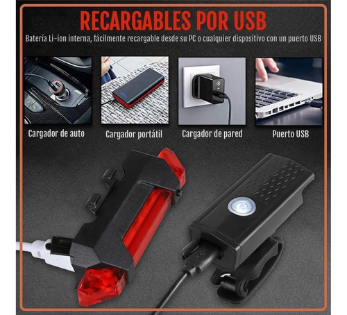 Imagen 6 de 8 de Kit Luces Bici - Trasera Y Delantera Carga Usb- Full Salas