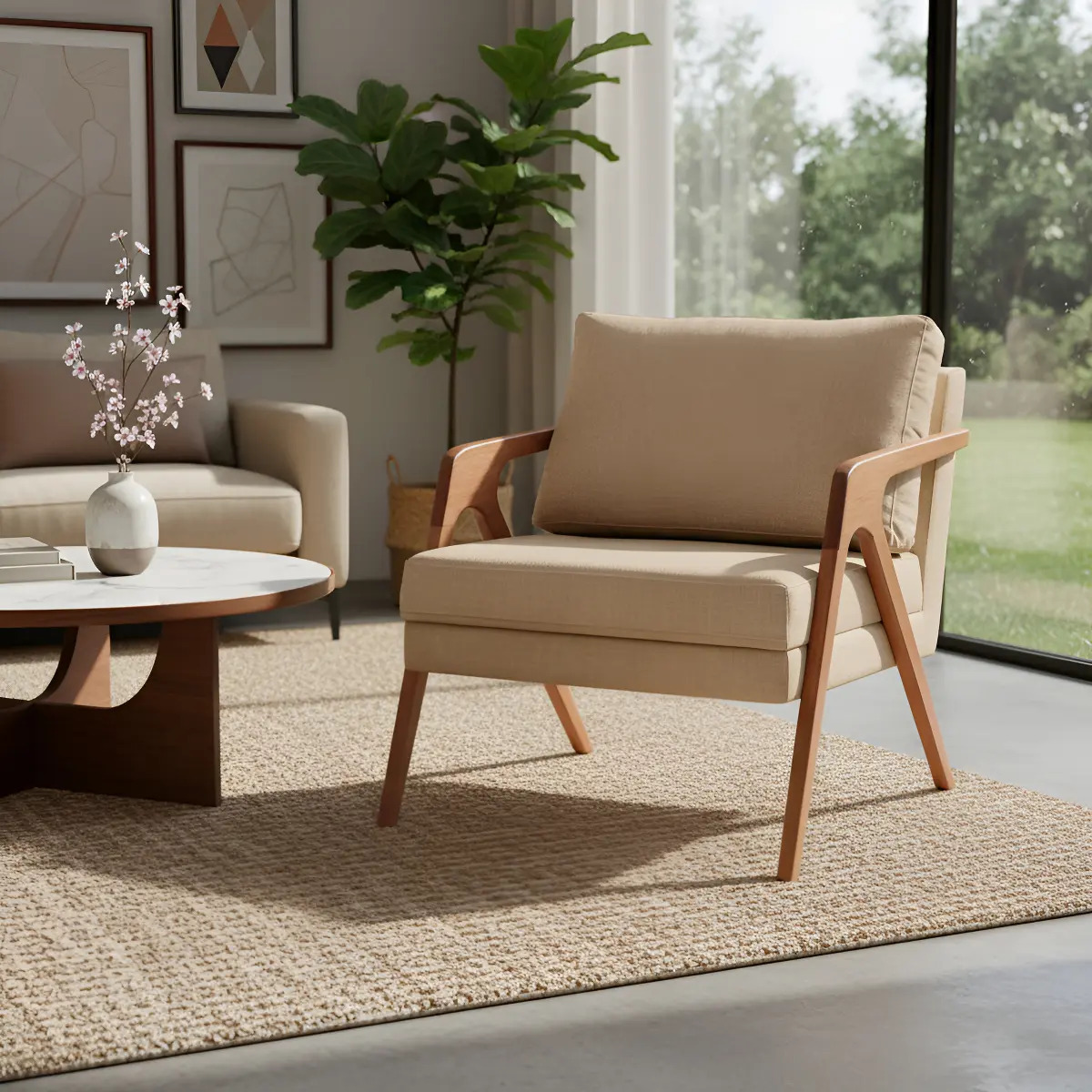 Conjunto - 2 Poltronas Mona Luxo Madeira Maciça Castellar Cor Linho Bege