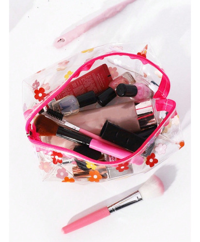 1 Neceser Transparente Con Flores Rosas Y Neceser