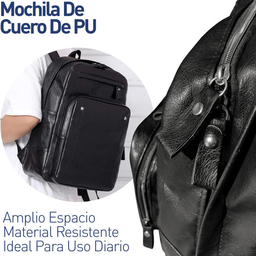 ** Mochila De Cuero Con 3 Bolsillos Casual Bluelander 30l Con Sistema Antirrobo Color Negro Liso