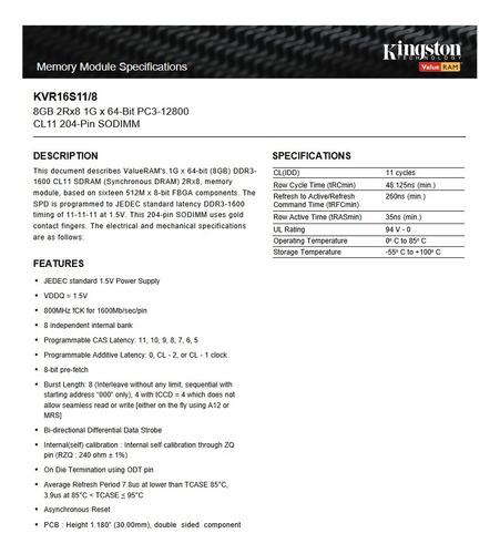 Memoria Kingston Valueram Ddr3 8gb 1600mhz Kvr16s11/8
