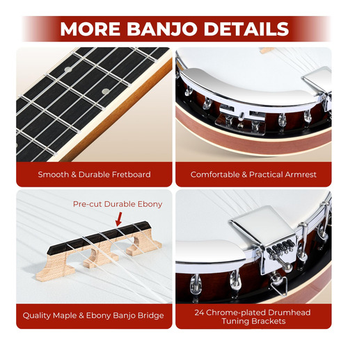 Banjo Vangoa Vbj-50 De 5 Cuerdas De Tamaño Completo Con Kit