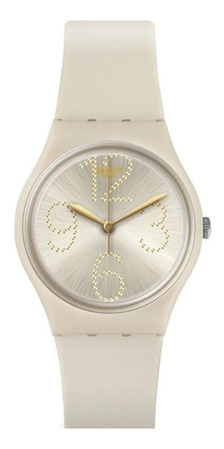 Reloj pulsera Swatch Sheerchic con correa de silicona color beige - fondo plateado