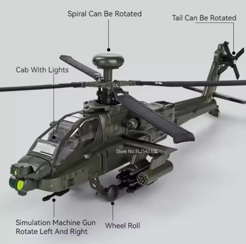 Helicoptero A Escala Boeing Ah-64 Apache Diecast Luz Sonido Ah-64 Apache