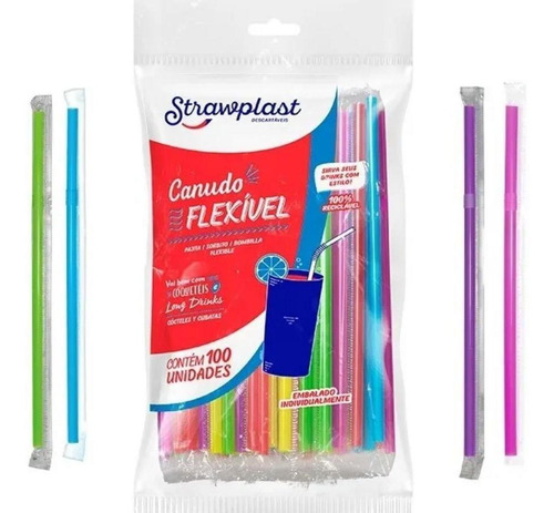 Canudo Colorido Flexivel Strawplast Para Drinks 100 Unidades