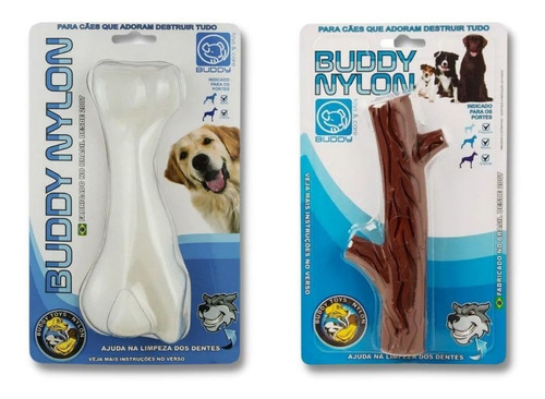 Kit 2 Mordedores Para Cães Buddy Toys Nylon Graveto E Ossão