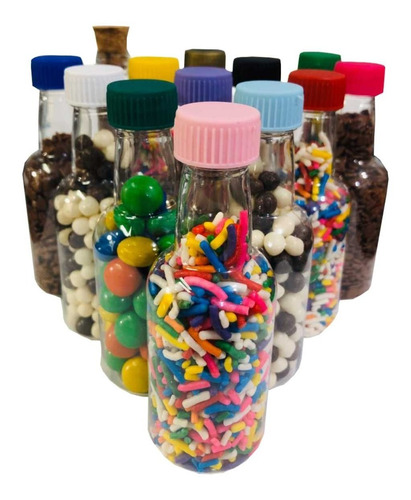 90 Mini Garrafinhas De Plastico 50 Ml Varias Cores Tampas 