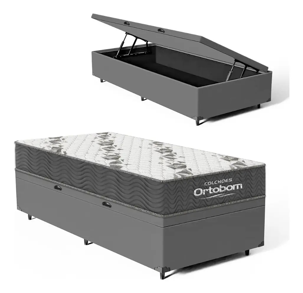 Cama Box Baú Solteiro Ortobom Com Colchão Espuma D33 Firme Cinza