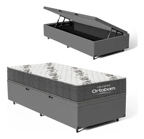 Cama Box Baú Solteiro Ortobom com Colchão Espuma D33 Firme Cinza - foto 1