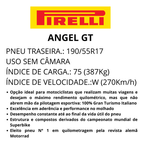 Pneu 190/55zr17 Traseiro Pirelli Angel Gt Uso Sem Câmara