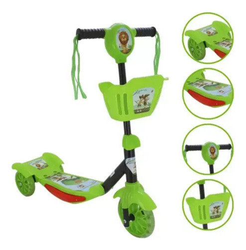 Patinete Infantil Verde 3 Rodas Com Cesta Música E Luz