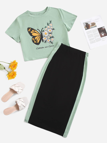Letra Y Mariposa Con Estampado Camiseta Con Set Falda