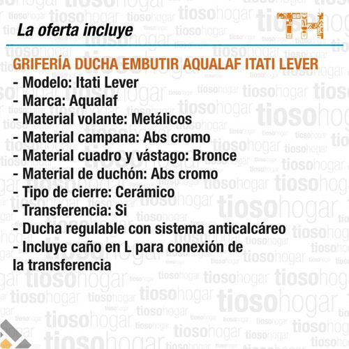 Imagen 4 de 10 de Griferia Aqualaf Ducha 2030 Itati Lever Embutir Con Transf