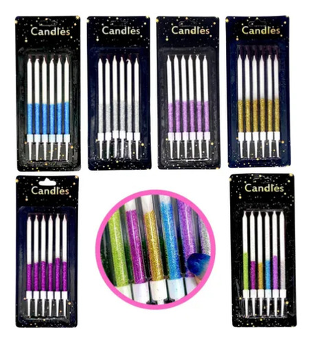 Velas Para Torta Largas Degrade Glitter Paquete X6u Multicolor