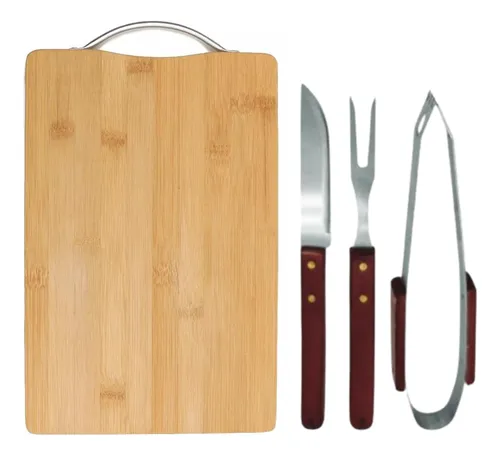 Jogo Para Churrasco Inox Cabo Madeira 3 Pçs E Tábua Bambu