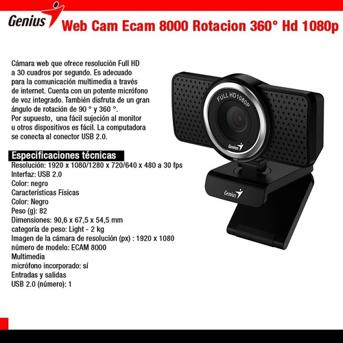 Camara Webcam Genius Full Hd 1080p 360º Mic Digital 2mp Ecam