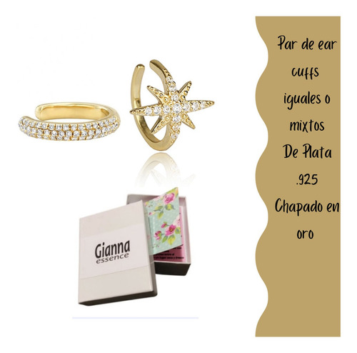 Ear Cuffs Plata .925 Chapado Oro Con Zirconia + Caja Regalo