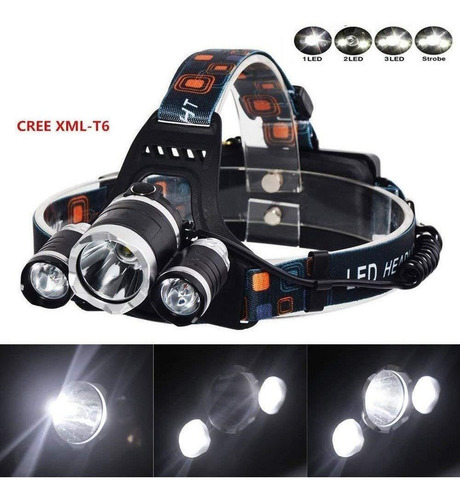 Imagen 6 de 8 de Linterna Minero Vincha Led 3 Cree T6 Usb 12v Recargable