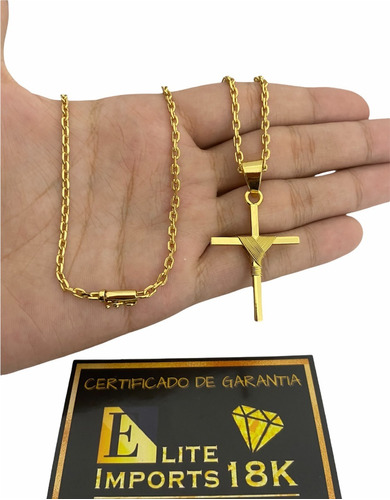 Cordão 2mm Cadeado Banhado A Ouro + Pingente Crucifixo