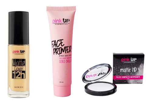 Maquillaje Matte Cover + Primer + Polvo  Matificante Pink Up