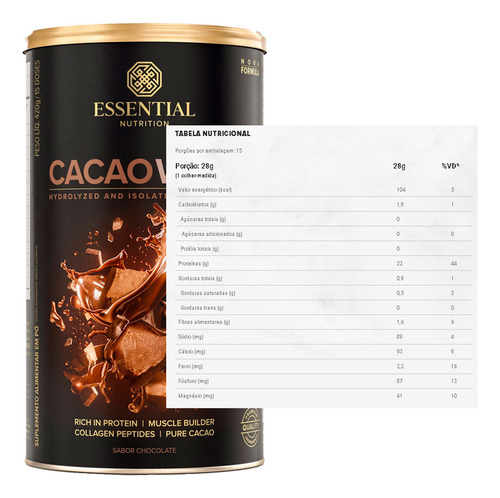 Lata Cacao Whey Protein 450 Gramas Essential em po sabor chocolate