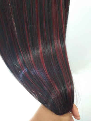 Aplique Mega Preto Com Mechas Vermelhas Cabelo Bioorgânico