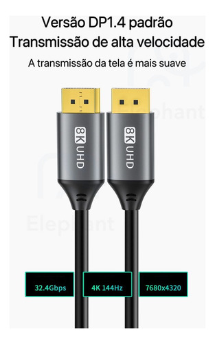 Cabo Displayport 1.4 1,8metro 8k 60hz 4k 144hz Ultra Hd