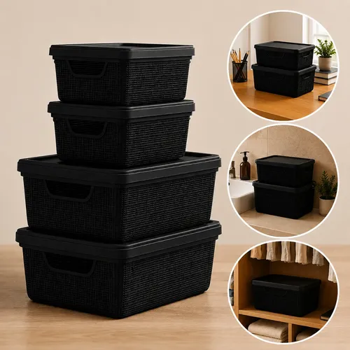 Kit 4 Caixas Organizadoras Com Tampa 6l 2l Cesto Multiuso Preto Juta