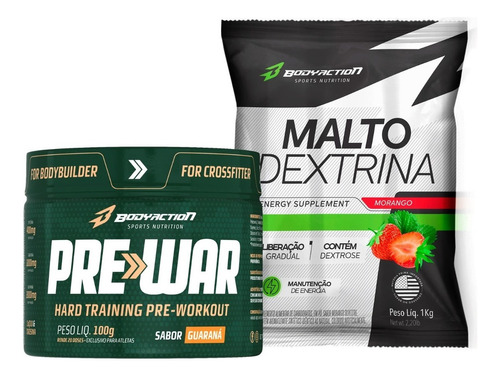 Pré Treino Pre War B Alanina + Maltodextrina 1kg Bodyaction Sabor Morango Silvestre