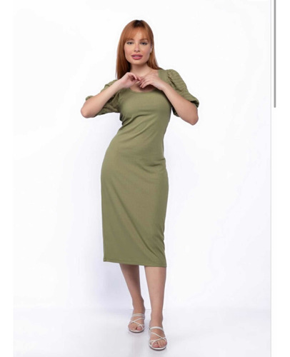 Imagem 6 de 6 de Vestido Canelado Mídi Manga Bufante Verde Feminino
