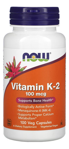 Vitamina K2 100mcg Now Foods 100veg Caps Sabor Sem Sabor